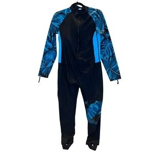 Womens Rash Guard‎ Full Body Swimsuit Blue Palm Leaf Print Surf Suit